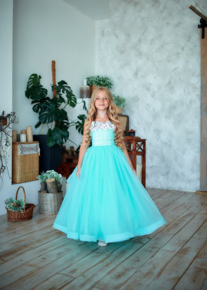 Turquoise Tulle 3D Flowers Flower Girl Dress